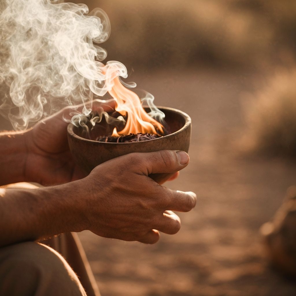 Circle of hands around a bowl of burning sage with warm desert light