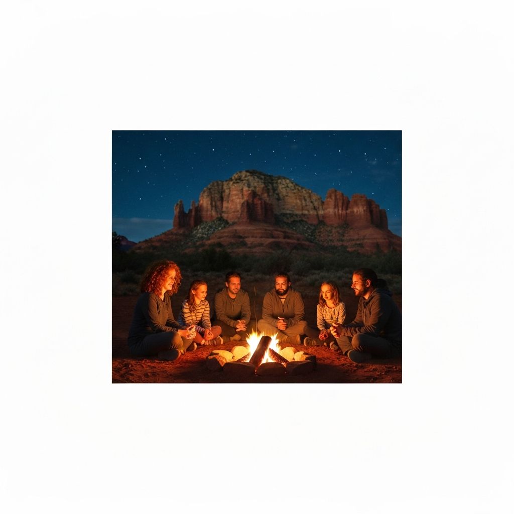 Fire circle gathering under stars in Sedona