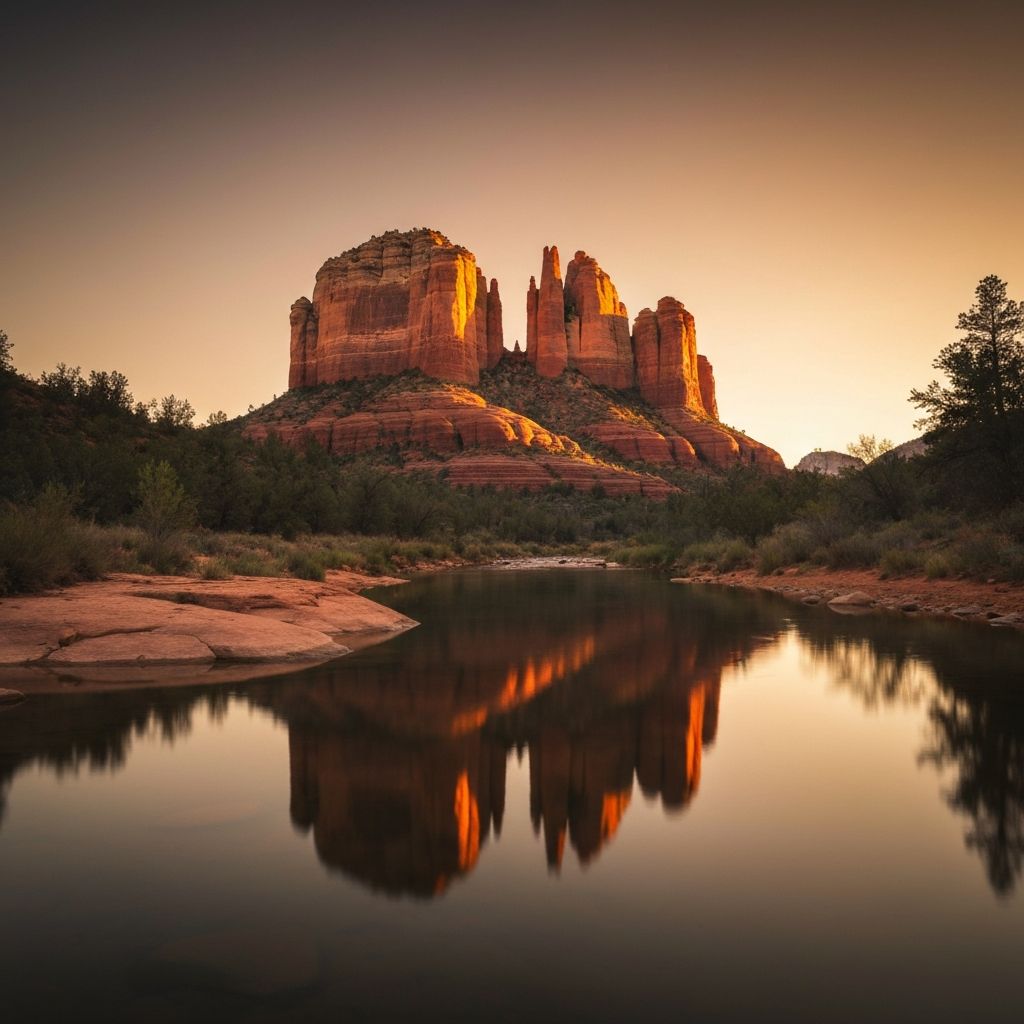 Cathedral Rock reflected in Oak Creek with vortex energy