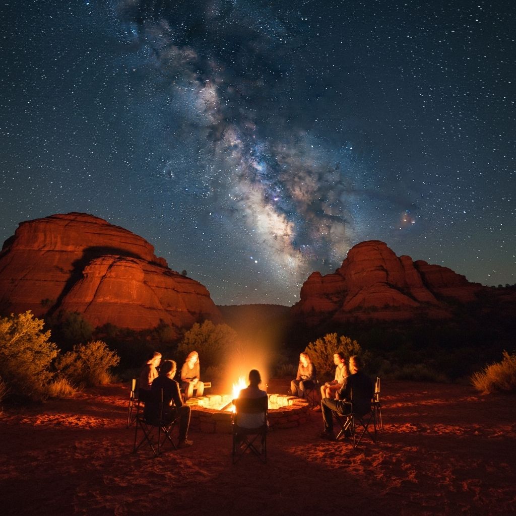 Evening fire circle under the Milky Way in Sedona